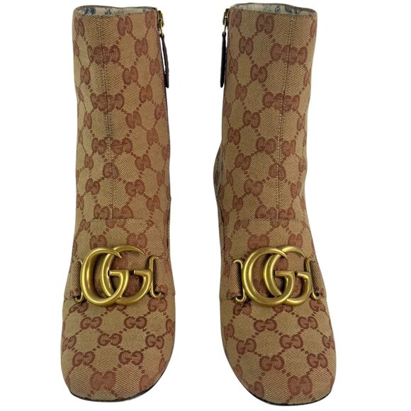 GUCCI Brown Canvas Logo Marmont Monogram Ankle Boots 37.5 - 7.5US - Picture 1 of 11